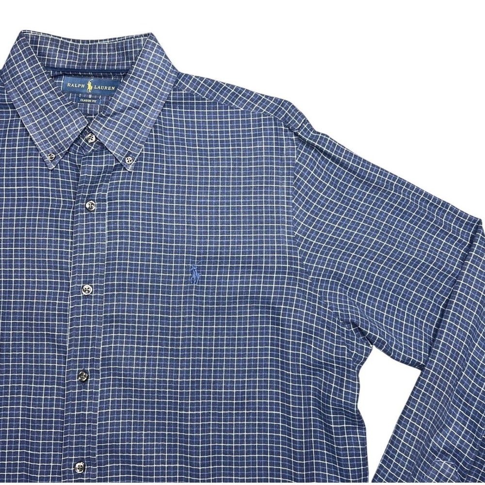 Ralph Lauren Mens Large Blue White Grid Plaid Cotton Classic Fit Button Up Shirt